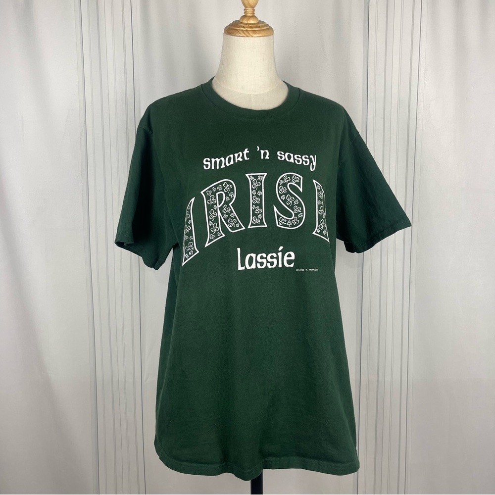 Vintage 90's/Y2K Irish Lassie T-shirt - Green/White -‎ Size Large
